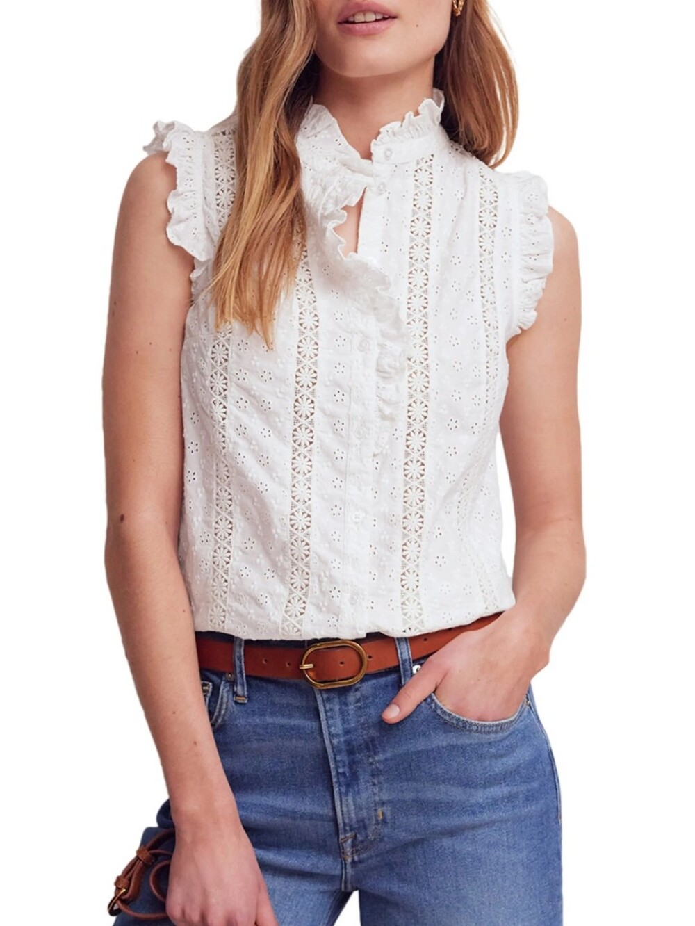 Boden Isabel Sleeveless Broderie Top White Eyelet Cotton Ruffles US 20 22